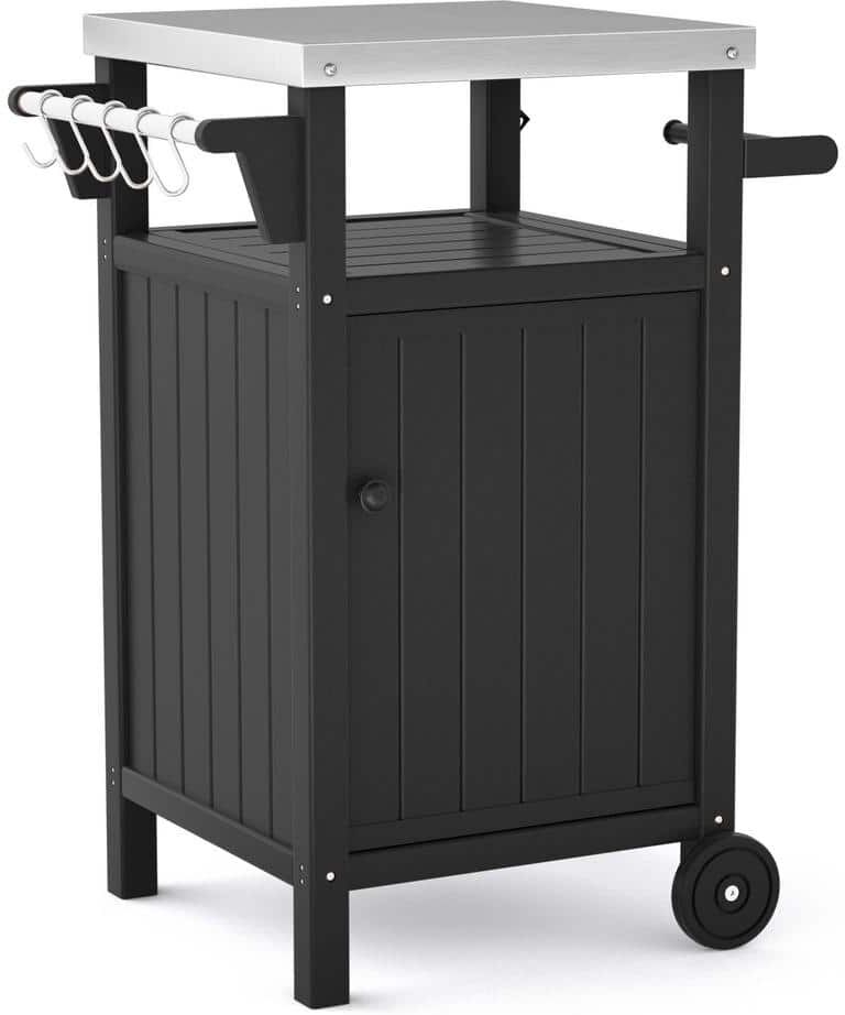 Sudzendf Black Outdoor Stainless Steel Tabletop 1-Door Grill Cart with Wheels, Hooks and Side Shelf