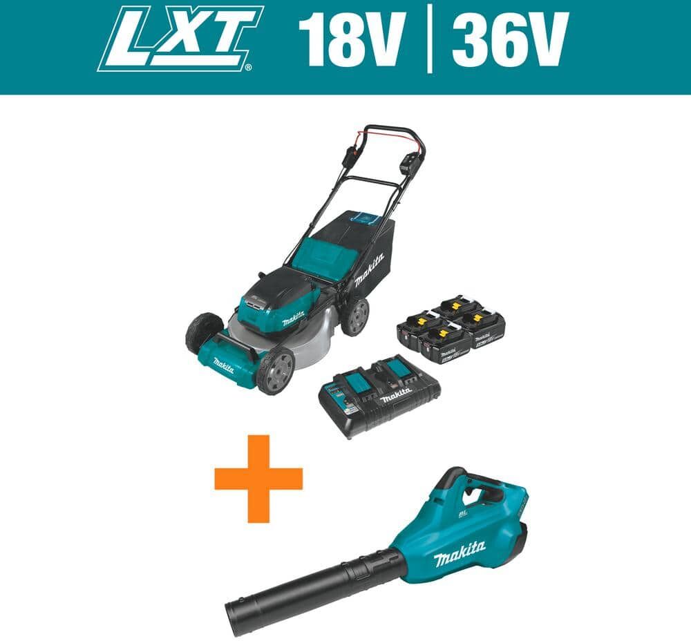 Makita 21 in. 18V X2 (36V) LXT Walk Behind Push Lawn Mower Kit with 4 Batteries (5.0 Ah) with 18V X2 (36V) LXT Blower