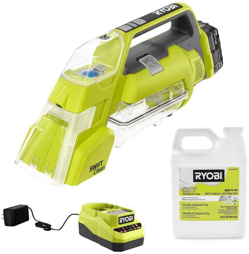 RYOBI ONE+ 18V Cordless SWIFTClean Spot Cleaner Kit with  2.0 Ah Battery, Charger, 32 oz. OXY Floor Cleaning Solution