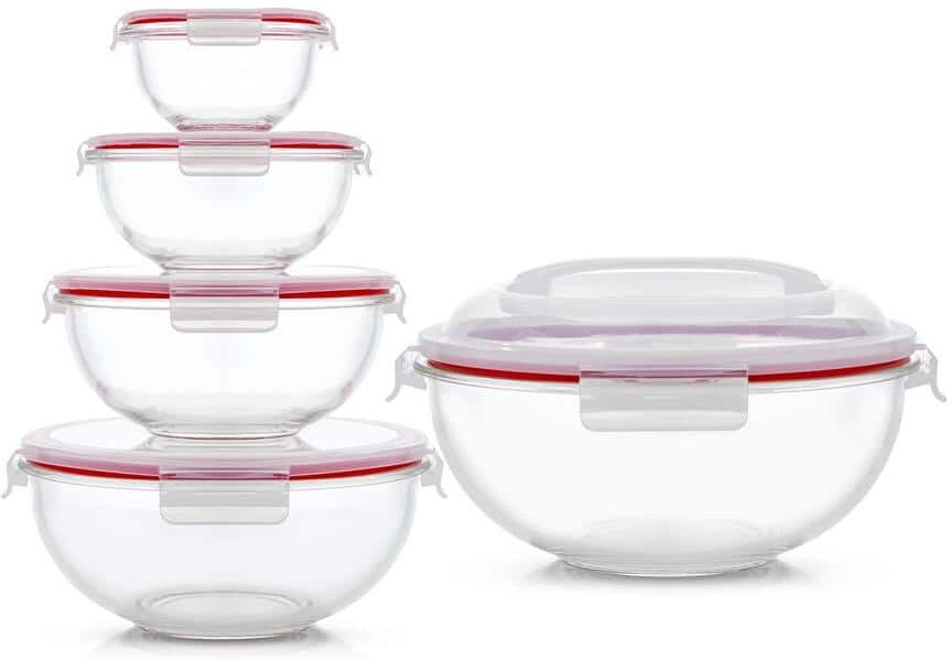 JoyJolt JoyFul 5 Glass Mixing Bowls With Lids - Red