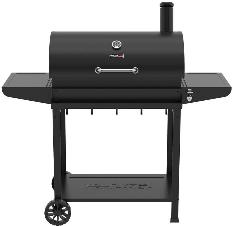 Royal Gourmet Barrel Charcoal Grill in black with Front Storage Basket and Hooks