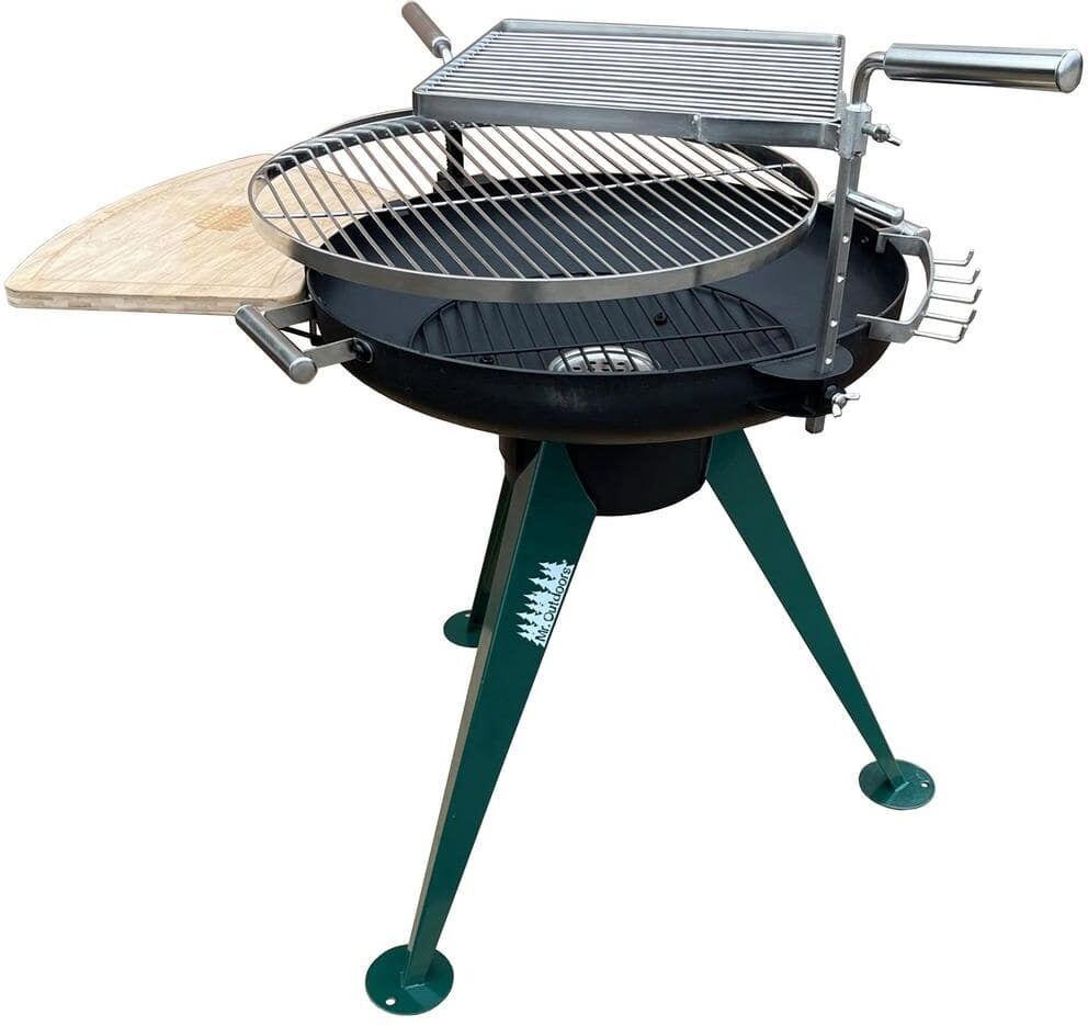 Portable Heavy Duty Charcoal Grill in Black and Green with Built-in Side Shelf, Utensil Rack, and Ash Tray