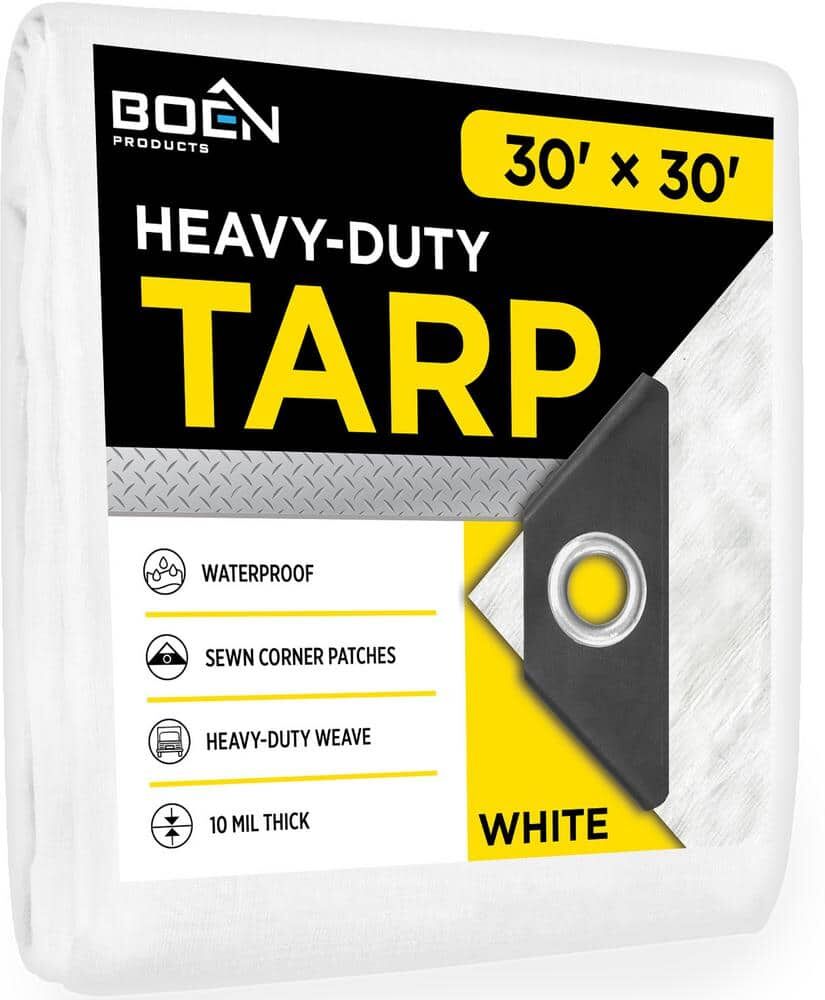 BOEN 30 ft. x 30 ft. White Poly Heavy-Duty Waterproof, Tarpaulin Great Tarp Cover for Canopy Tent, Boat, RV