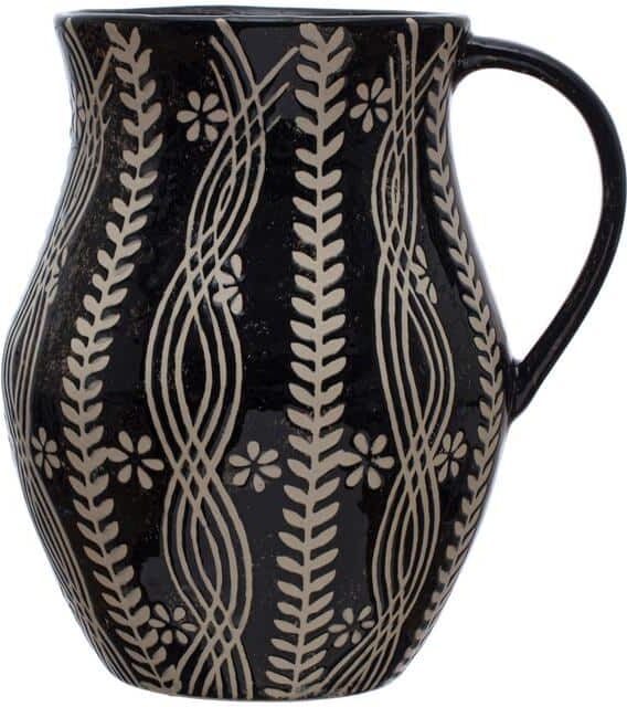 Storied Home 8.5 in. 64 fl. oz. Black and Natural Stoneware Pitcher with Wax Relief Botanicals