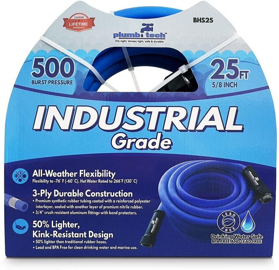 plumb tech Fits right, always tight, safe & durable. 5/8 in dia. x 25 ft. Industrial Grade Dual-Purpose Blue Synthetic Rubber Hose, BPA Free for Safe Drinking, 500-Piece BP