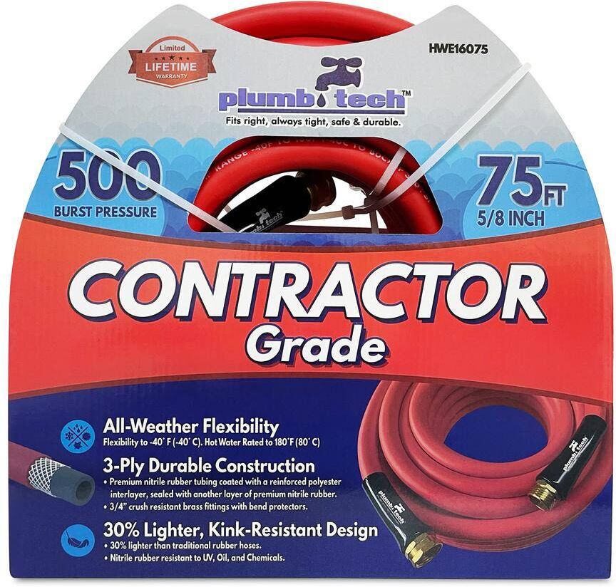 plumb tech Fits right, always tight, safe & durable. 5/8 in x 50 ft. Premium Red Nitrile Rubber Multi-Purpose Hot/Cold Water Hose: Contractor Grade, BP 500 PSI