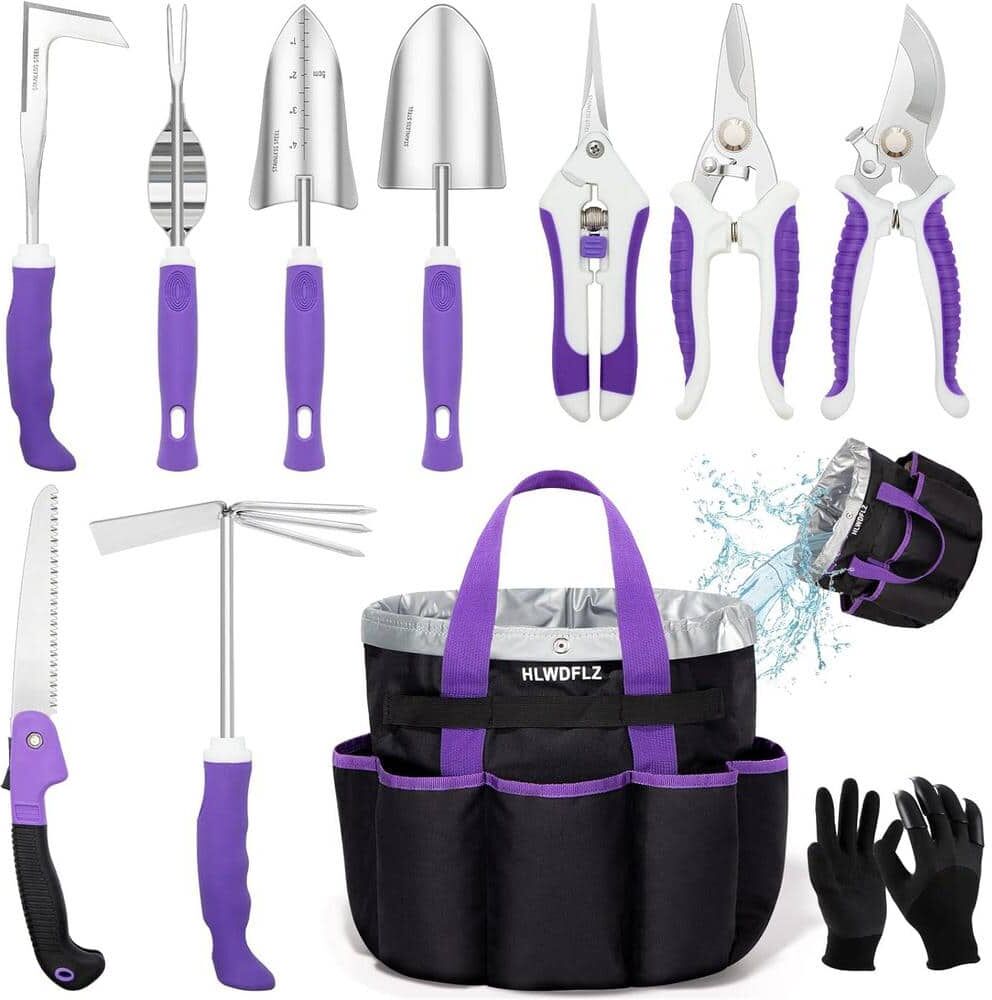 ITOPFOX 24-Pieces Heavy Duty Garden Tool Set with Detachable Storage Bag, Succulent Tool Set, Weeder in Purple