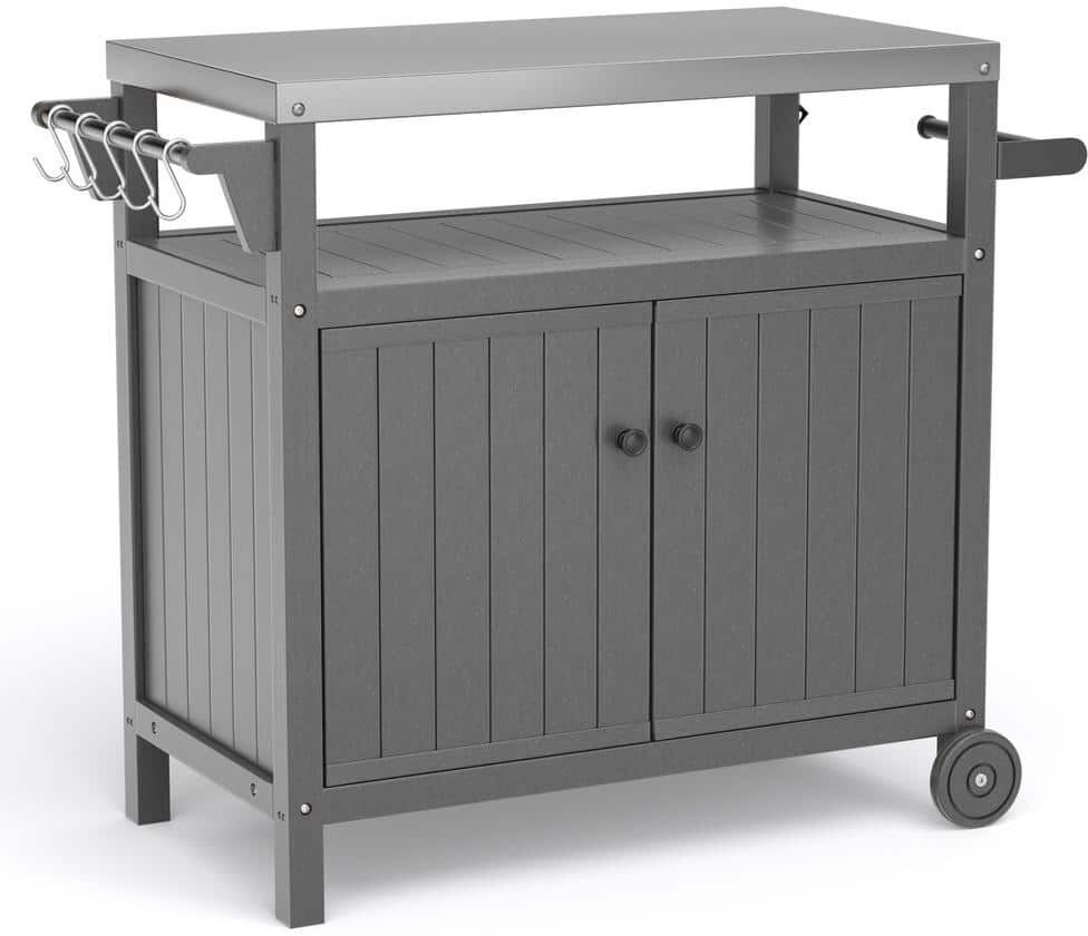 Sudzendf Gray Outdoor Stainless Steel Tabletop Grill Cart with Wheels, Hooks and Side Shelf