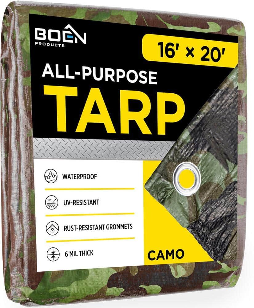 BOEN 20 ft. W x 16 ft. L Camouflage Poly Heavy-Duty Waterproof Tarpaulin Great Tarp Cover for Canopy Tent Boat RV