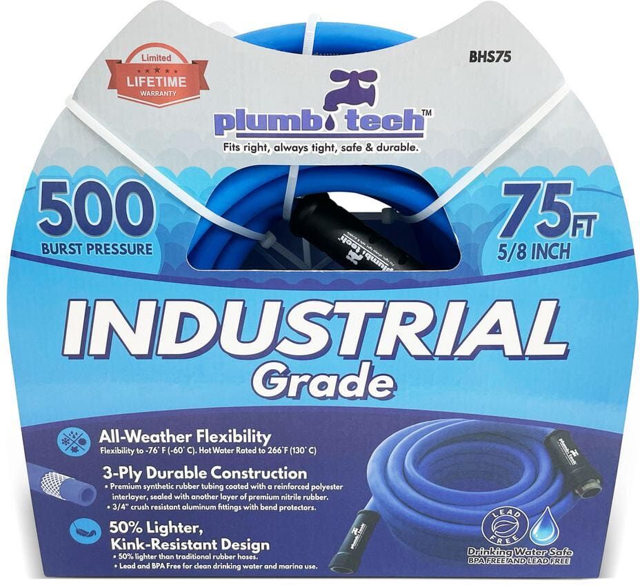 plumb tech Fits right, always tight, safe & durable. 5/8 in. dia. x 75 ft. Industrial Grade Dual-Purpose Blue Synthetic Rubber Hose, BPA Free for Safe Drinking, 500-Piece BP