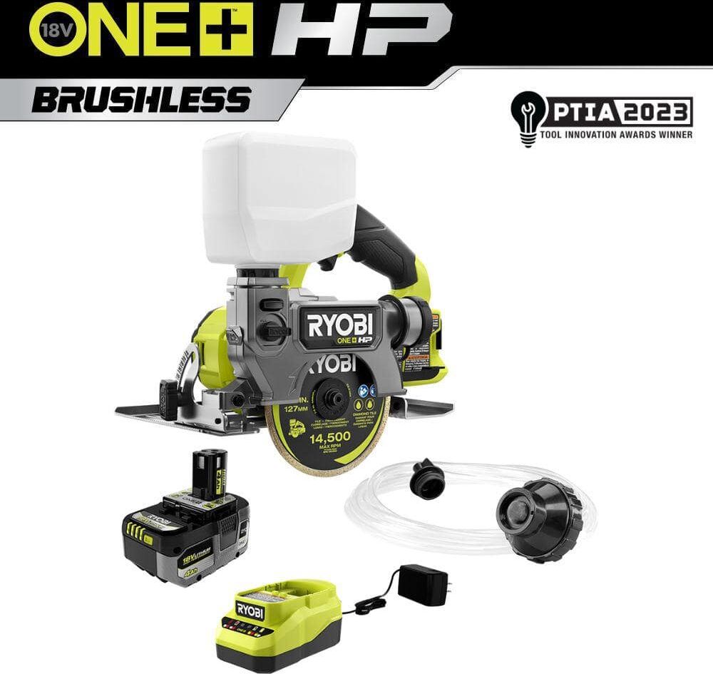 RYOBI ONE+ HP 18V Cordless Handheld Wet/Dry Masonry Tile Saw Kit with 4.0 Ah Battery and Charger