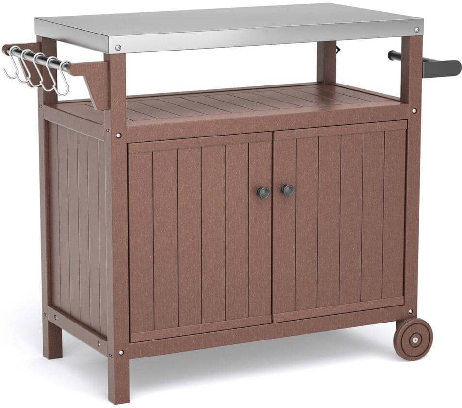 Outdoor Stainless Steel Tabletop 2 Door Grill Cart for BBQ, Patio Cabinet with Wheels, Hooks and Side Shelf in Brown