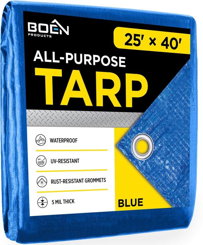 BOEN Heavy Duty Blue Poly Tarp Cover 40 ft. W x 25 ft. L Waterproof, Tarpaulin