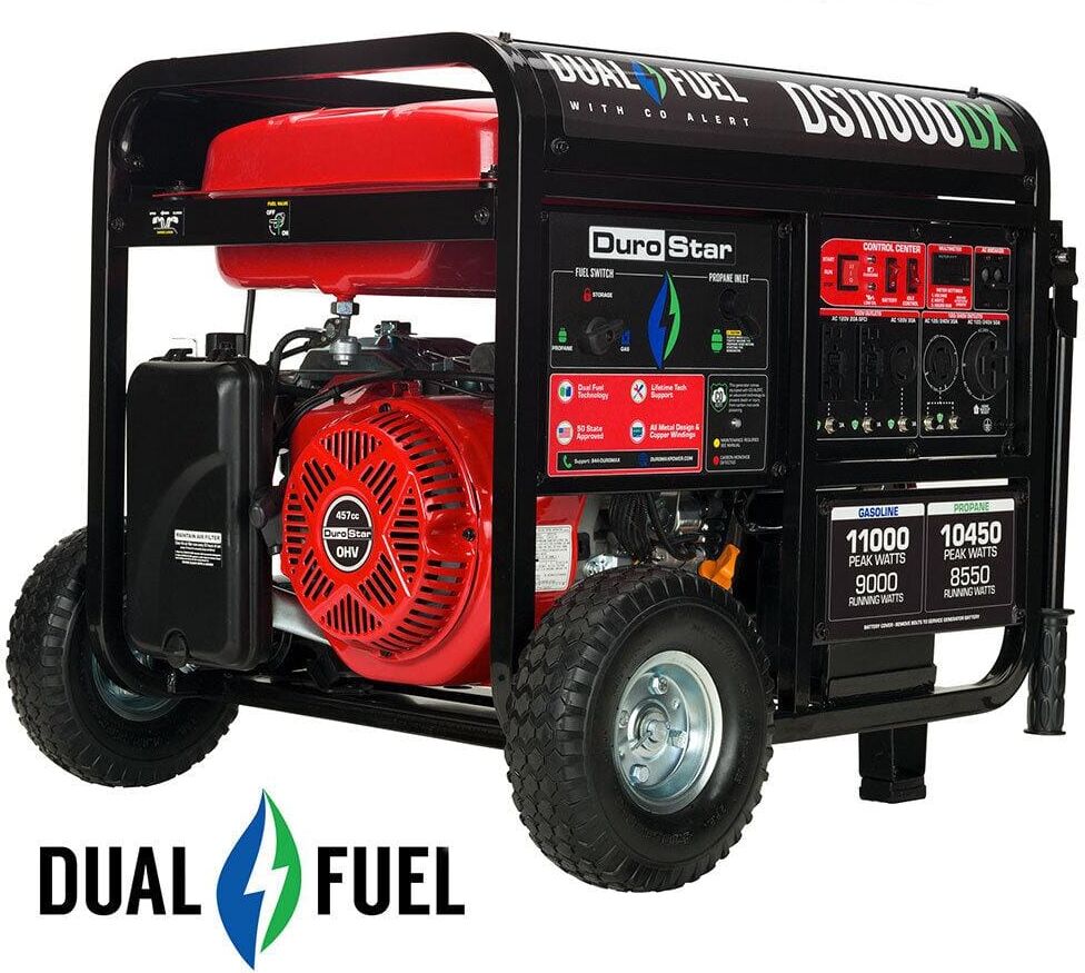 Durostar 11,000-Watt/9,000-Watt 457 cc Electric Start Dual Fuel Gas Propane Portable Home Power Back Up Generator with CO Alert