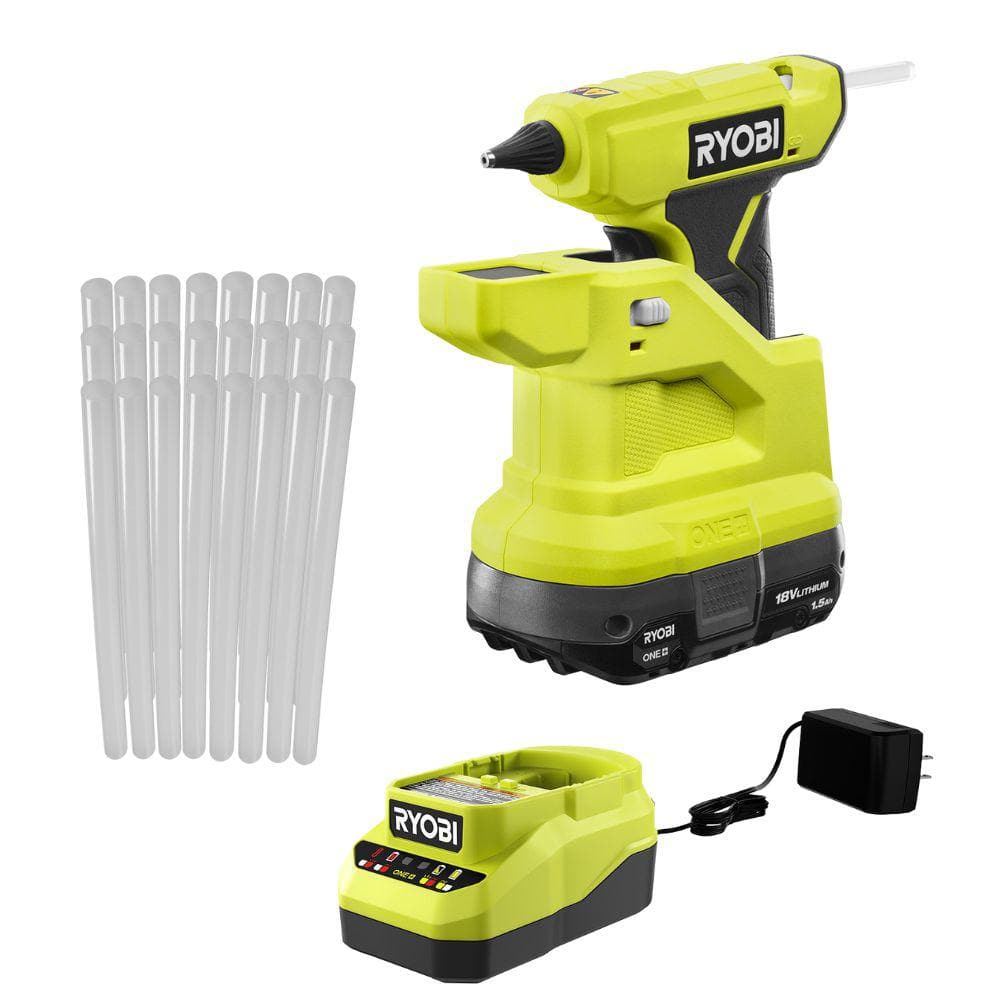 RYOBI ONE+ 18V Cordless Compact Glue Gun Kit with 1.5 Ah Battery, Charger, and Mini Size Glue Sticks (24-Piece)