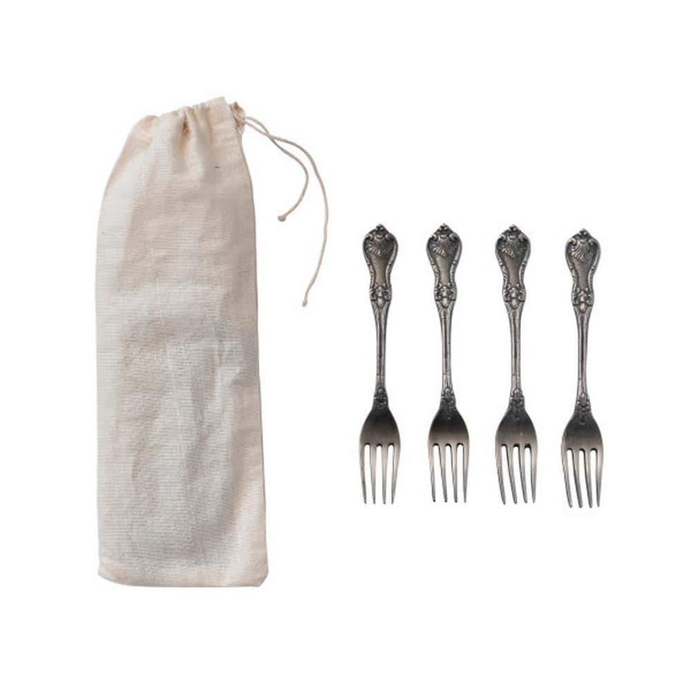 Storied Home Antique Silver Vintage Embossed Brass Appetizer Forks in Drawstring Bag (Set of 4)