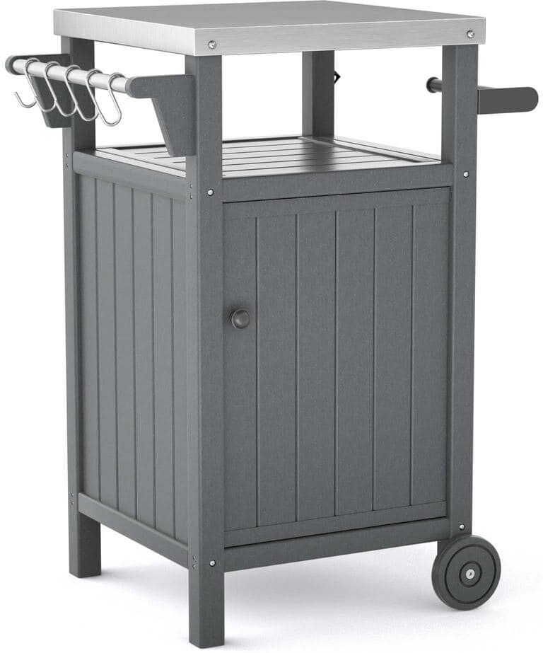 Zeus & Ruta Outdoor Stainless Steel Tabletop 1 Door Grill Cart for BBQ, Patio Cabinet with Wheels, Hooks and Side Shelf in Gray