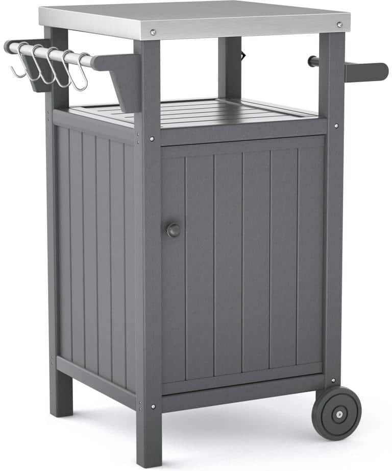 Sudzendf Gray Outdoor Stainless Steel Tabletop 1-Door Grill Cart with Wheels, Hooks and Side Shelf