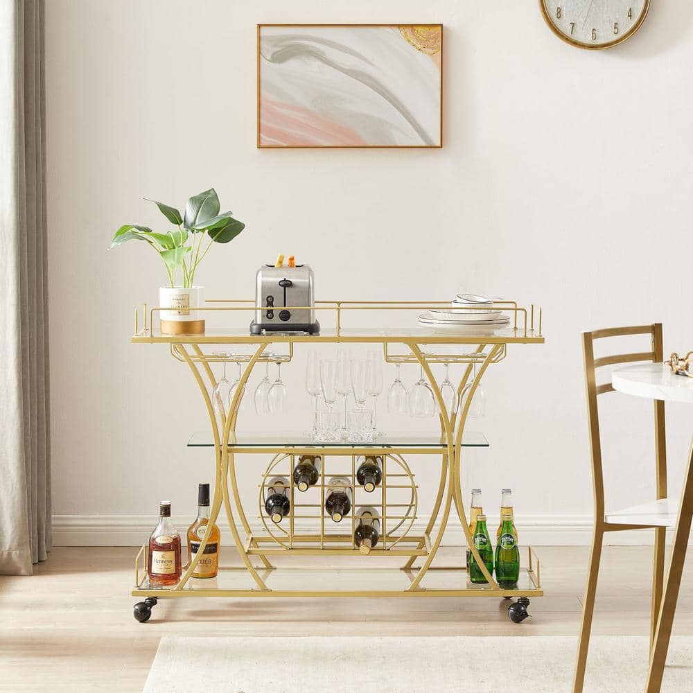 Zeus & Ruta 4-Bottle Gold 3-Glass Shelves Serving Trolley Bar Cart with Durable Metal Frame Wine Rack Hotel Dining Room Restaurant