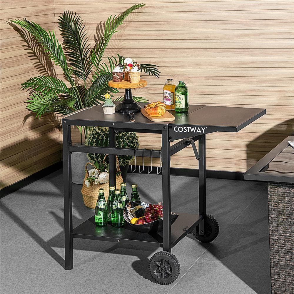 Costway Double-Shelf Black Movable Dining Cart Table Multi-Functional Kitchen Worktable Outdoor