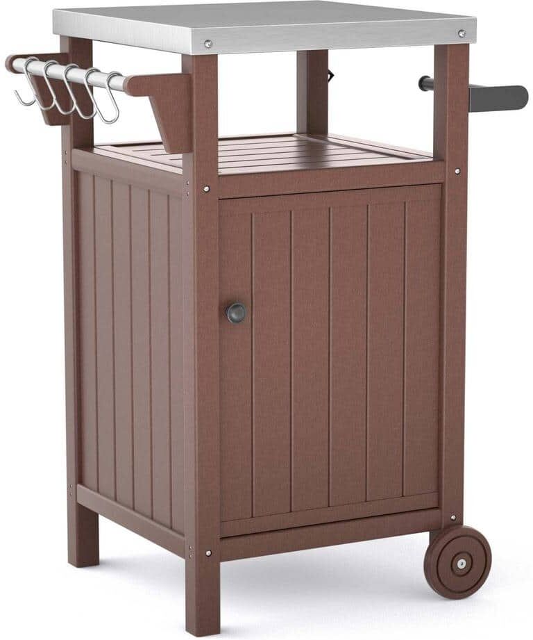 Outdoor Stainless Steel Tabletop 1 Door Grill Cart for BBQ, Patio Cabinet with Wheels, Hooks and Side Shelf in Brown