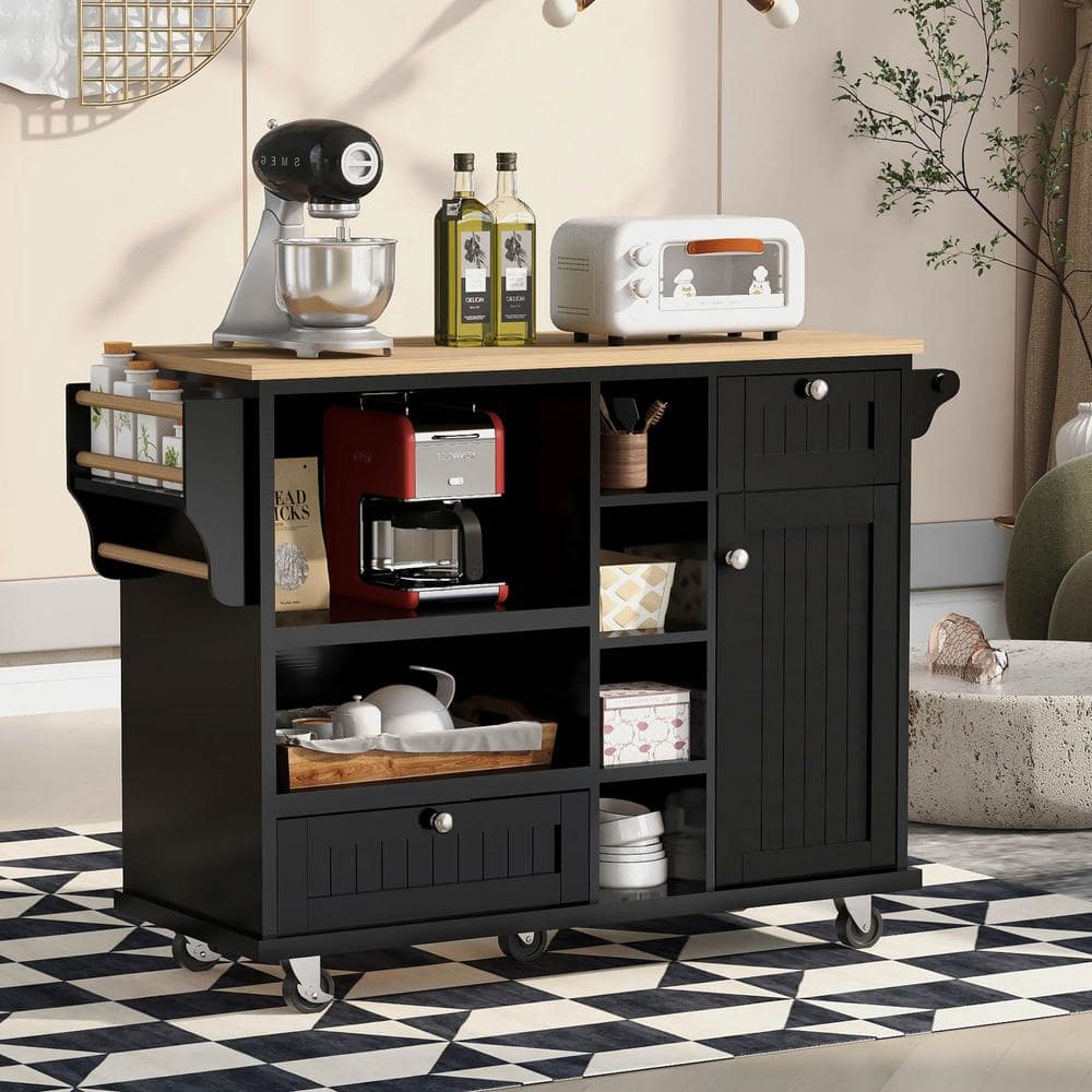 Harper & Bright Designs 50.8 in. W Black Kitchen Cart Island with Solid Wood Top and Locking Wheels