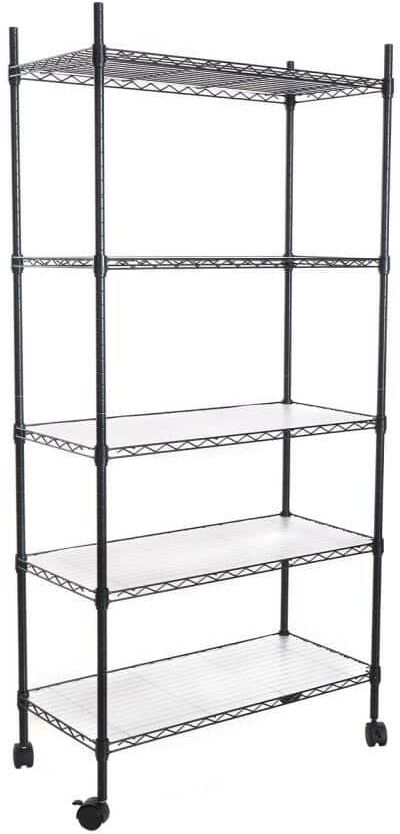 Amucolo 5-Tier Black Heavy Duty Storage Wire Rack with Wheels, NSF Height Adjustable Metal Garage Storage Rack