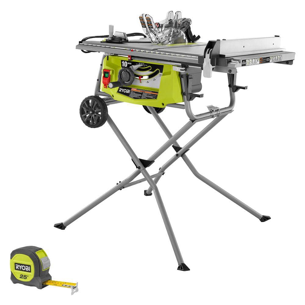 RYOBI 15 Amp 10 in. Expanded Capacity Portable Corded Table Saw With Rolling Stand and 25 ft. Compact Tape Measure