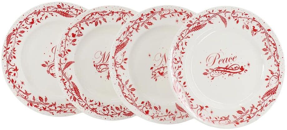 MARTHA STEWART Holiday Vines 4 Piece 9 in. Fine Ceramic Dessert Plate Set in Red