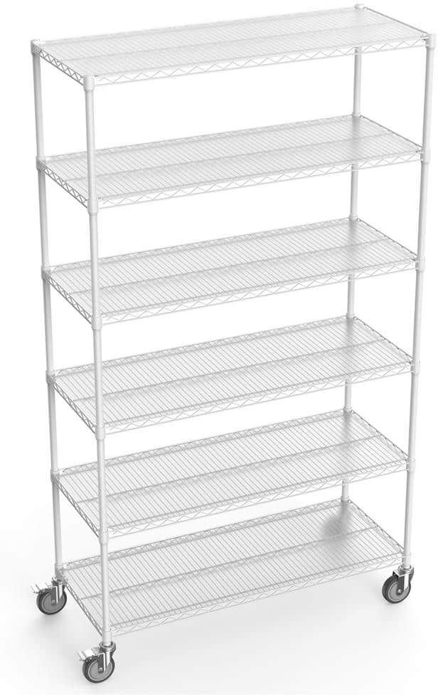 FUNKOL 6-Tier Heavy-Duty Storage Wire Rack with Wheels, White 6000 lbs. NSF Height Adjustable Metal Garage Storage Rack