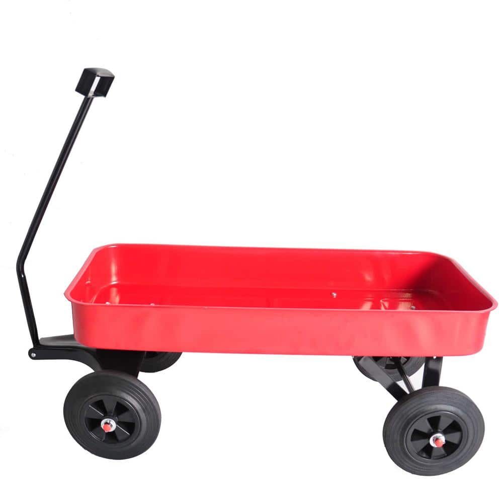 Mondawe 1.1 cu.ft. Red Steel Garden Cart All Terrain Cargo Wagon Cart with Solid Wheels & Push-Pull Handle