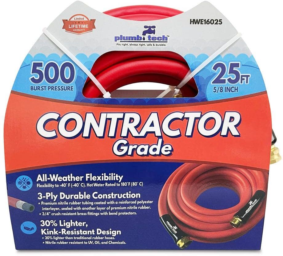 plumb tech Fits right, always tight, safe & durable. 5/8 in x 25 ft. Premium Red Nitrile Rubber Multi-Purpose Hot/Cold Water Hose: Contractor Grade, BP 500 PSI