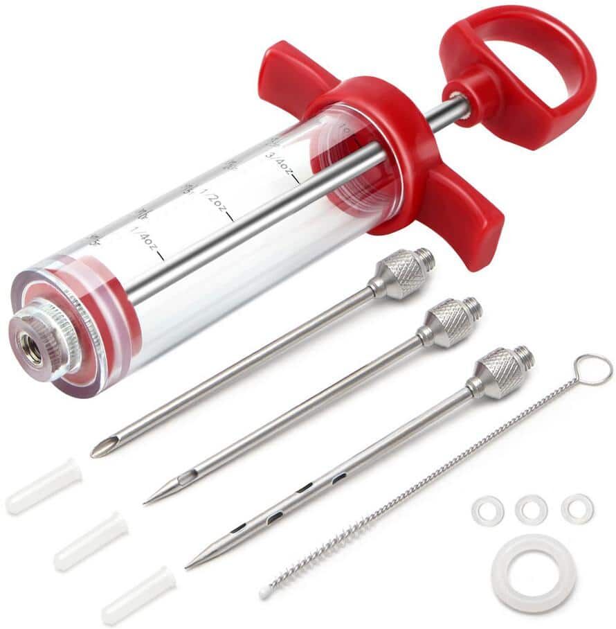 Angel Sar 1 oz. Plastic BBQ Marinade Injector Kit with Stainless Steel Meat Needles, Replacement O Rings and Cleaning Brush