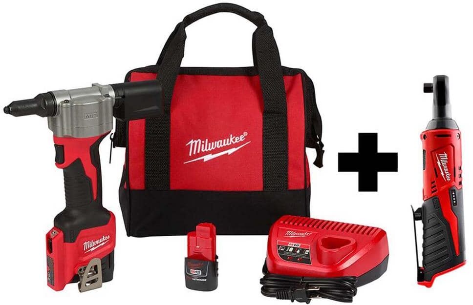 Milwaukee M12 12-Volt Lithium-Ion Cordless Rivet Tool Kit with M12 3/8 in. Ratchet