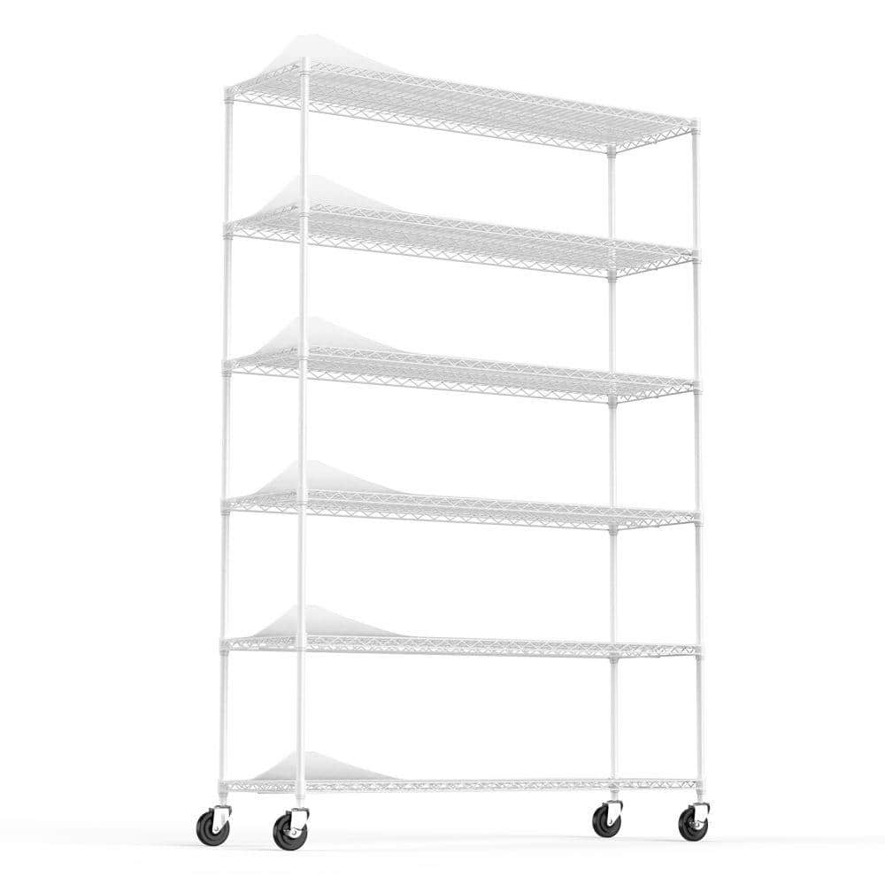 Amucolo 6-Tier White Heavy Duty Storage Wire Rack with Wheels, 6000 lbs. NSF Height Adjustable Metal Garage Storage Rack