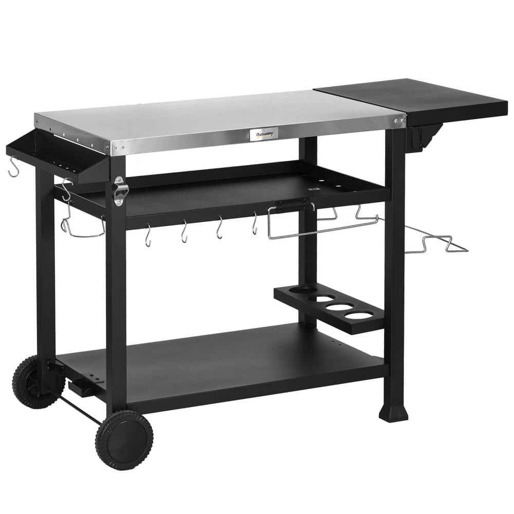 Outsunny 46 in. x 21.75 in. 3-Shelf Outdoor Grill Cart Black with with Foldable Side Table, Movable Food Prep Table on Wheels