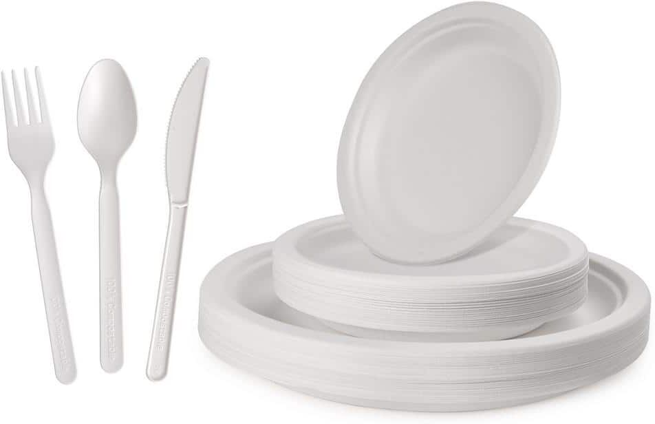 GREENER SETTINGS 10/7 in. White Compostable Disposable Paper Plate Set Plus Cutlery [25 Guest/Box, 6-Boxes/Case, 150 Guest Settings/Case]