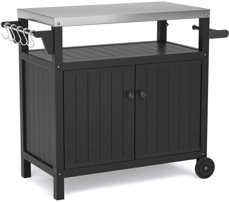 Black Outdoor Waterproof Stainless Steel BBQ Cart Kitchen Island Cart Grilling Table with Wheels, Hooks, Side Shelf