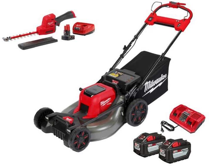 Milwaukee M12 FUEL 8 in. 12V Lithium-Ion Brushless Cordless Hedge Trimmer w/ M18 FUEL 21 in. Dual Battery Self-Propelled Mower Kit