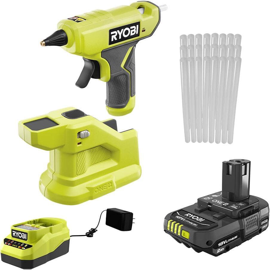 RYOBI ONE+ 18V Cordless Compact Glue Gun Kit with 2.0 Ah Battery, 18V Charger, and 24-Pack 5/16 in. x 6 in. Mini Glue Sticks