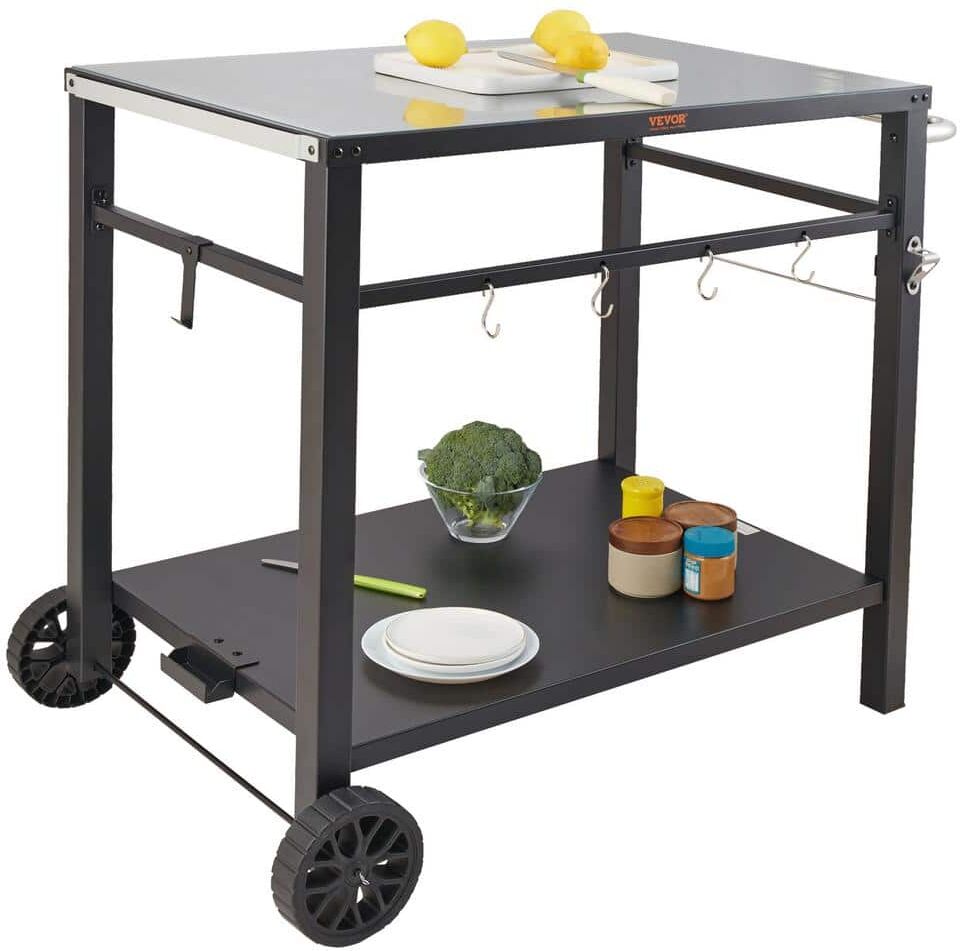 VEVOR Outdoor Grill Cart with Double-Shelf BBQ Movable Food Prep Table Multi-Functional Iron Table Top