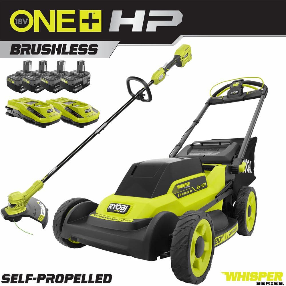 RYOBI ONE+ 18V HP Brushless Whisper Series 20" Battery Self-Propelled Dual Blade Walk Behind Mower/Trimmer/Batteries/Chargers