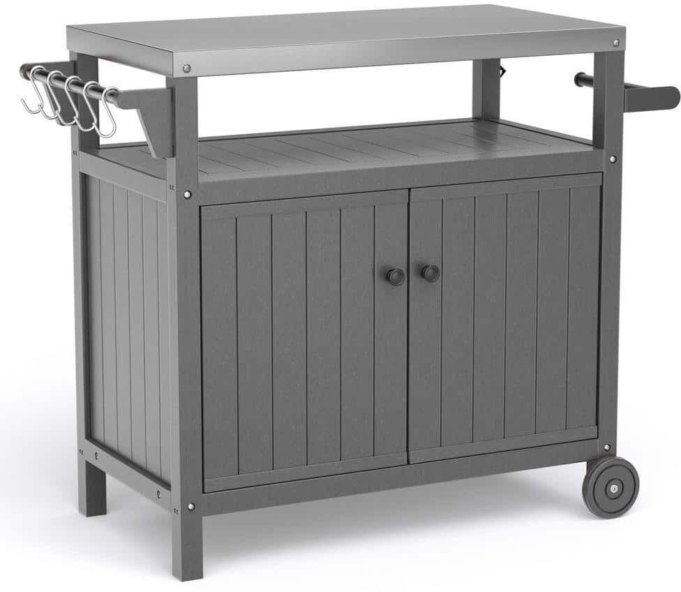 Outdoor Stainless Steel Tabletop 2 Door Grill Cart for BBQ, Patio Cabinet with Wheels, Hooks and Side Shelf in Gray