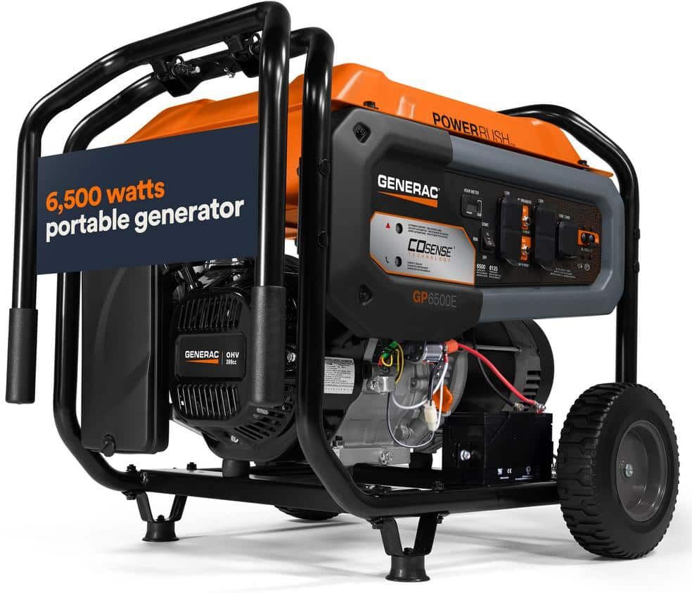 Generac GP 6500-Watt Recoil Start Gasoline-Powered Portable Generator with 20 ft. Cord and CO-Sense, 49-ST/CSA