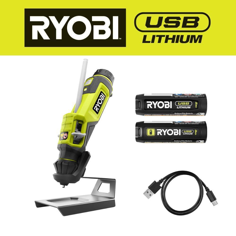 RYOBI USB Lithium Glue Pen Kit with 2.0 Ah USB Lithium Battery, Charging Cable, and USB Lithium 3.0 Ah Battery