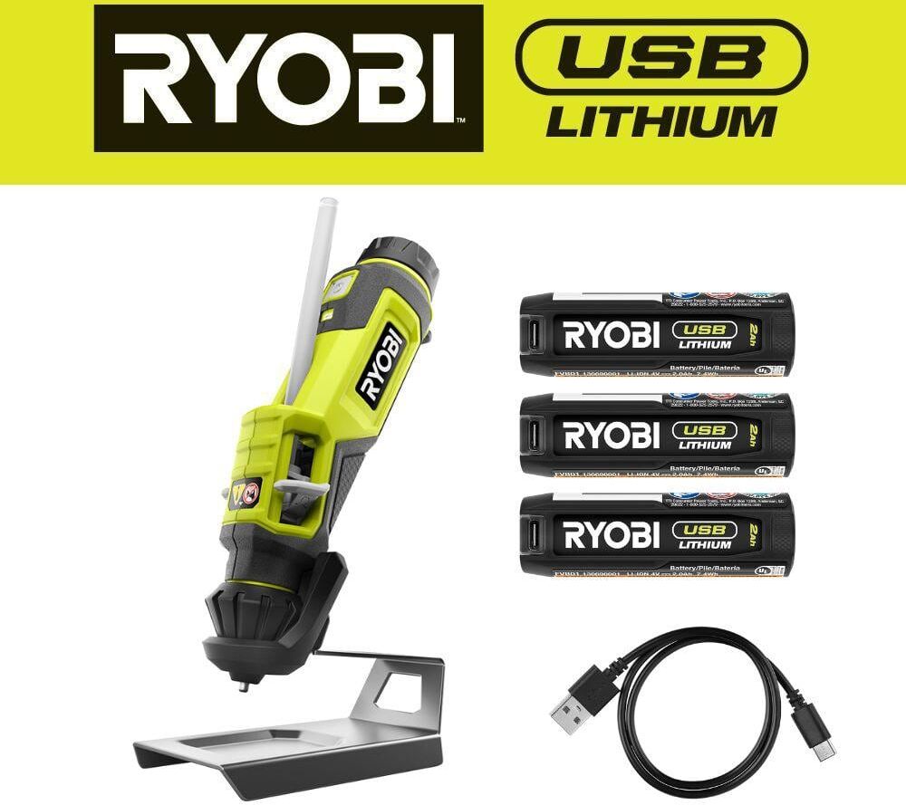 RYOBI USB Lithium Glue Pen Kit with 2.0 Ah USB Lithium Battery, Charging Cable, and USB Lithium 2.0 Ah Batteries (2-Pack)