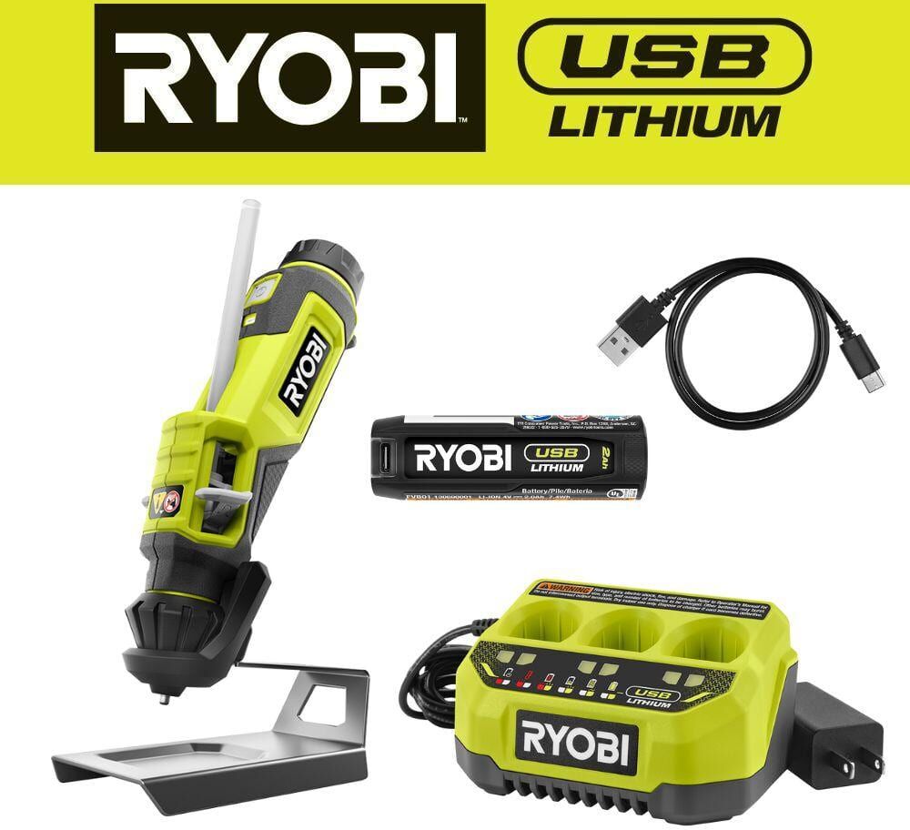 RYOBI USB Lithium Glue Pen Kit with 2.0 Ah USB Lithium Battery, Charging Cable, and USB Lithium 3-Port Charger