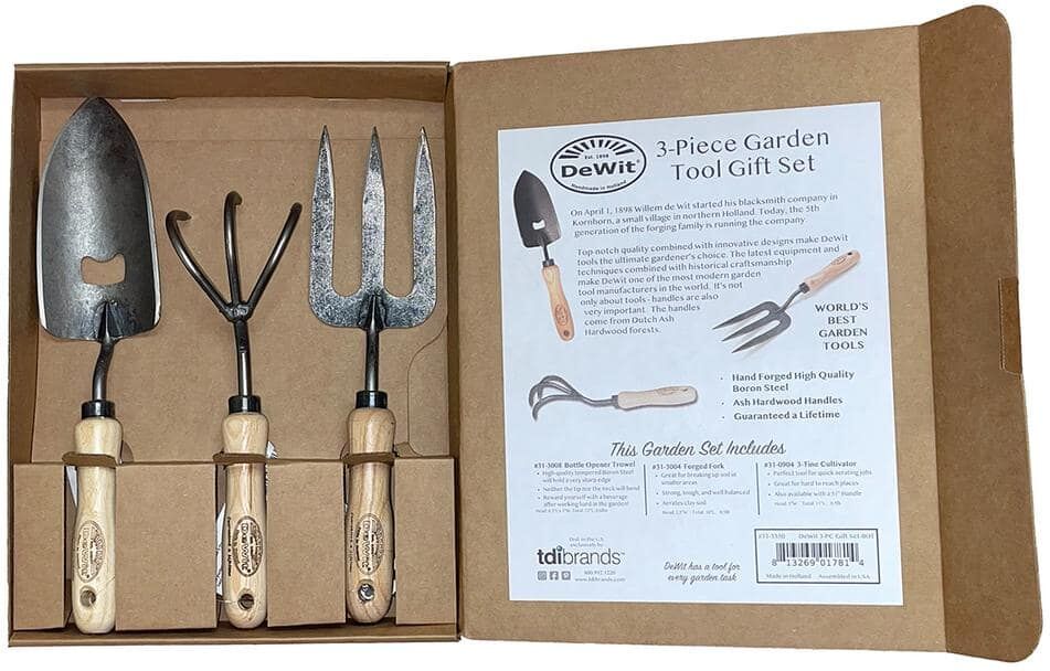 DeWit 3-Piece Garden Tool Set for Dad, 12 in. L Bottle Opener Trowel, 10.8 in. L Hand Fork, 11.5 in. L 3-Tine Cultivator