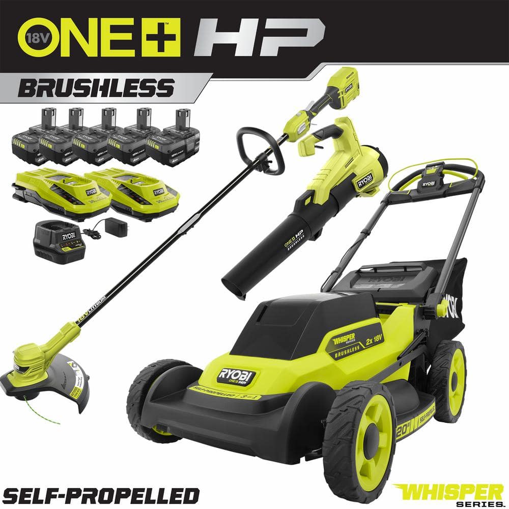 RYOBI ONE+ 18V HP Brushless Whisper Series 20" Self-Propelled Battery Dual Blade Walk Mower/Trimmer/Blower/Batteries/Chargers