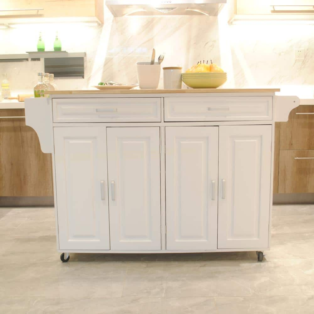 FAMYYT White Rubber Wood Tabletop 54 in. Kitchen Island Cart with Drawers and Adjustable Shelf